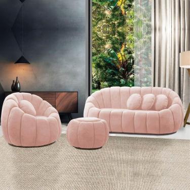Imagem de Sofá 2 Lugares Com Puff E Poltrona Orgânica Fixa Cloud Bouclê Rosê E03 - D`rossi