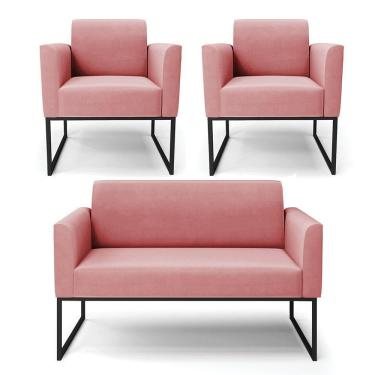 Imagem de Sofá Namoradeira Com 2 Poltronas Base Industrial Preto Marisa Suede Rosê