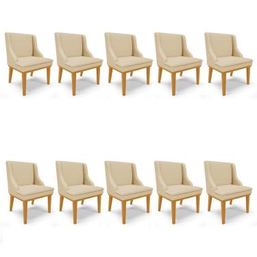 Imagem de Kit 10 Cadeiras Estofadas Para Sala De Jantar Base Fixa De Madeira Castanho Lia Veludo Off White - Ibiza
