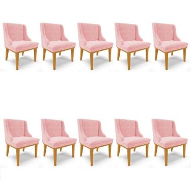 Imagem de Kit 10 Cadeiras Estofadas Para Sala De Jantar Base Fixa De Madeira Castanho Lia Suede Rosa Bebê - Ibiza
