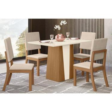 Imagem de Conjunto: Mesa Sala Jantar Orus C- Tampo Madeirado 120x80cm E 4 Cadeiras Milla Nature-off White - Linho Bege - Henn
