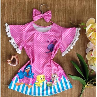Imagem de Vestido Infantil Galinha Pintadinha Rosa Pompom Laço de Cabelo Passeio