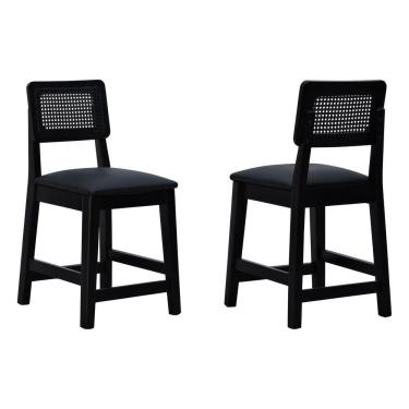 Imagem de Kit 2 Banquetas Baixa-cadeira Gabi Madeira Maciça Encosto Telinha Assento Estofado - Preto Assento Estofado Corano Preto