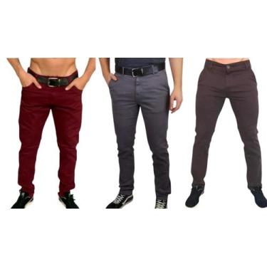 Imagem de Kit 3 calça jeans masculina com elastano slim bege claro azul marinho 