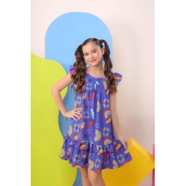 Imagem de Vestido Lara Infantil Arco Íris E Nuvens Roxo Babado Luxo - Se Tu Benç