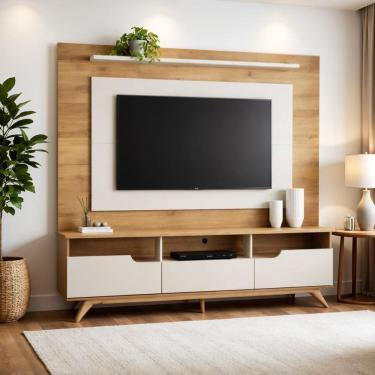 Imagem de Estante Home para Tv 60 Polegadas Pés em Madeira Maciça Diplomata Cinamomo/Off White