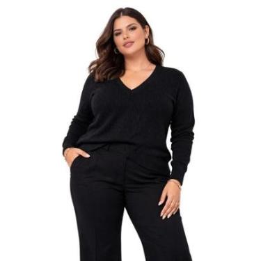 Imagem de Suéter Tricô Gola V Feminino City Lady by Facinelli Plus Size 658110 Preto-Feminino
