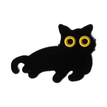 Imagem de Broche De Esmalte Gato Preto Desenho Animado Olhos Grandes Gatinho Ani