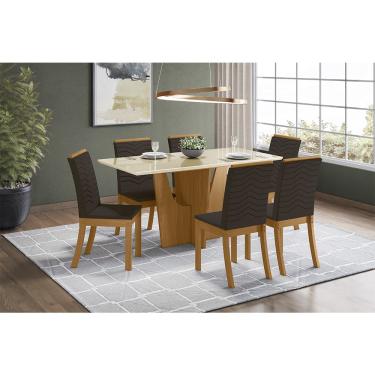 Imagem de Mesa de Jantar 6 Cadeiras 6 Lugares Retangular Tampo de Vidro Viero Valência Suede Marrom - Bela Móveis