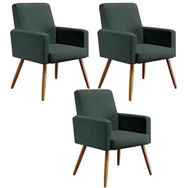 Imagem de Kit 03 Poltronas Decorativas Para Sala Estar Maria W01 Pés Palito Linho Verde Musgo - Lyam Decor