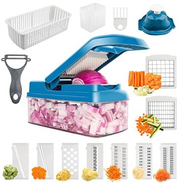 Imagem de Cortador de legumes 10 em 1 econômico - Cortador de cebola com recipiente - Cortador de cortador de fatiador - Cortador de alimentos - Cortador de vegetais - Cortador de fatiador azul - 9 lâminas de aço inoxidável, 29 x 10,5 x 6 cm