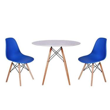 Imagem de Kit Mesa Jantar Eiffel 90cm Branca + 2 Cadeiras Charles Eames - Azul -