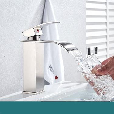 Imagem de Torneira para lavatório preta/cromada, misturador quente e frio, torneira de latão, montagem no convés, alça única, cascata, torneiras de lavagem polidas cromadas, níquel A