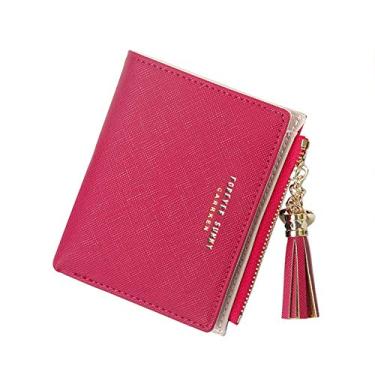 Imagem de Belsmi Mini carteira feminina compacta de couro fina com bloqueio de RFID, bolsa feminina com zíper e bolso organizador de cartões e carteiras dobráveis, Vermelho, Small, Carteira dobrável