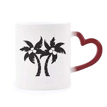 Imagem de Caneca preta com contorno de planta de coqueiro sensível ao calor, copo de grés que muda de cor vermelha
