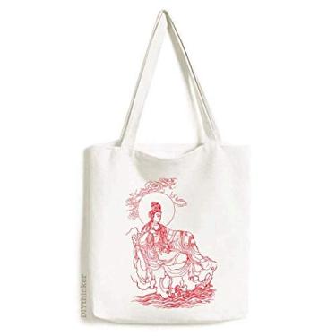 Imagem de Culture Red Guanyin Ilustration Pattern Tote Canvas Bag Shopping Satchel Casual Bolsa