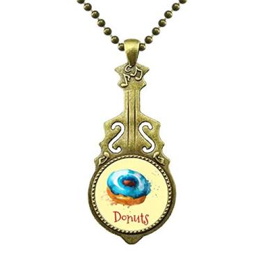 Imagem de DIYthinker Colar de rosquinha azul pintada à mão em aquarela com pingente de música de guitarra antiga