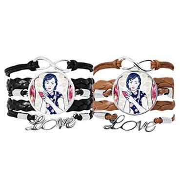 Imagem de DIYthinker Pulseira feminina rosa da cultura chinesa, pulseira de couro com corda de mão, conjunto duplo para presente