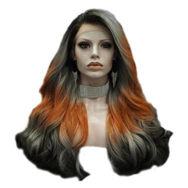 Imagem de Peruca ombré, cinza, laranja, sintética, lace frontal, peruca ondulada, fibra resistente ao calor