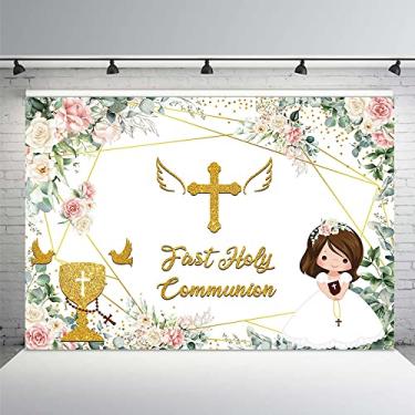 Imagem de MEHOFOND Primeira comunhão Pano de fundo Deus abençoe meninas Batismo decorações de festa cerimônia de batismo chá de bebê recém-nascido fundo de fotografia rosa floral lembrancinhas presentes suprimentos 3 x 2 m