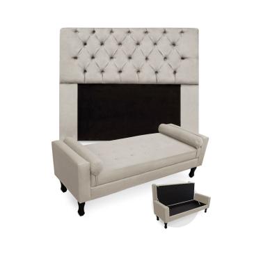 Imagem de Jogo Com Cabeceira Mirage + Recamier Baú Fenix Solteiro 90 cm Suede Bege - LM DECOR