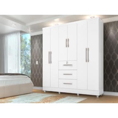 Imagem de Roupeiro/Guarda Roupas/Armário TOK 6 Portas 1.80m Amplo Espaço Interno Puxadores em Madeira e Gaveta com Chave Cor Branco