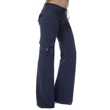 Imagem de BFAFEN Calça cargo feminina de perna larga elástica com bolsos cintura alta para ioga calças casuais de paraquedas soltas, 03#_Calça cargo feminina azul-marinho, G