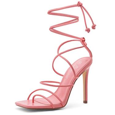 Imagem de Shoe Land SL-Finely Sandália feminina de salto agulha com cadarço e tiras de tiras no tornozelo sapatos de festa, Rosa choque, 6.5