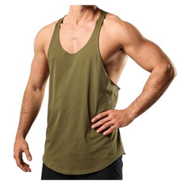 Imagem de Camiseta regata masculina gola redonda para treino esportiva cor sólida costas nadador sem mangas, Verde militar, XG