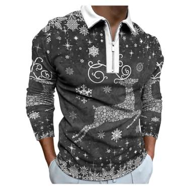 Imagem de Camisa polo masculina estampa de rena 3D digital estampada, pulôver de manga comprida combinando com cores, Cinza, 3G