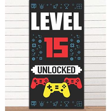 Imagem de Level 15th Desbloqueado Happy 15th Birthday Level Up Banner Pano de fundo para cabine de fotos Adereços de cabine de fotos Videogames Gamepad Decoração tema adolescente para meninos meninas 15th Birthday Party Lembranças Suprimentos Decorações