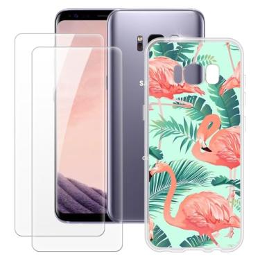 Imagem de MILEGOO Capa para Samsung Galaxy S8 + 2 peças protetoras de tela de vidro temperado, capa de TPU de silicone macio à prova de choque para Samsung Galaxy S8 (5,8 polegadas) Flamingo