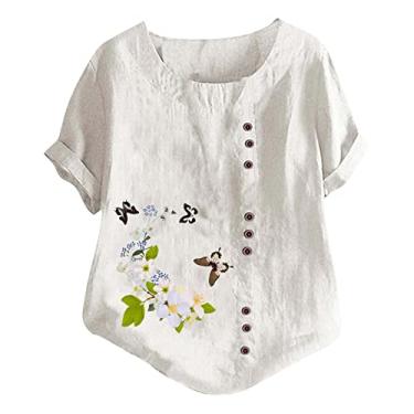 Imagem de Camiseta feminina de linho, floral, borboleta, estampada, gola redonda, botão, manga curta, caimento solto, túnica, Branco, M