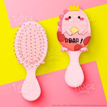 Imagem de Escova de Cabelo Mini Dinossauro Fofa Infantil Desembaraçante Almofada Cerdas Ultramacias Rosa