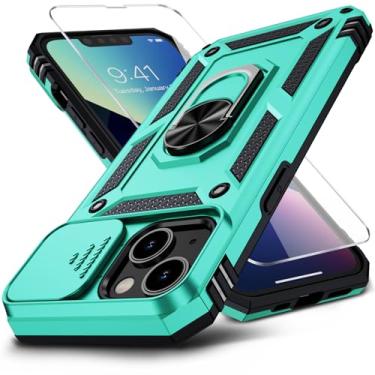 Imagem de Muntinfe Capa para iPhone 13 com protetor de tela HD, capa de câmera deslizante e suporte de anel girado, [grau militar] Capa protetora resistente para iPhone 13 de 6,1 polegadas, azul-petróleo