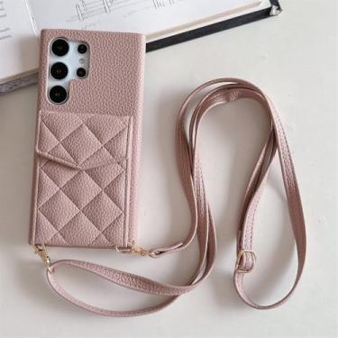 Imagem de Carteira de couro treliça flip card case para Samsung S24 Ultra S23 FE S22 Plus A55 A35 A15 A54 A24 A14 A53 A23 Capa de cordão, rosa, para Samsung A14