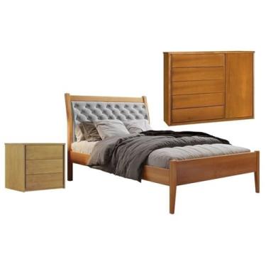 Imagem de Conjunto Cama Solteiro Vivare, Cômoda 5 Gavetas Unique e Mesa de Cabeceira 3 Gavetas Unique Amêndoa Mel/Cinza Claro
