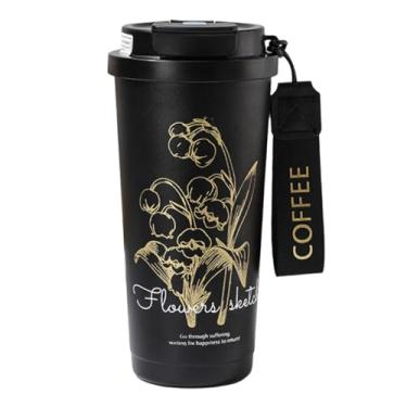 Imagem de Xícara de café isolada de aço inoxidável 316 de grande capacidade de 500 ml com tampa de canudo – selada a vácuo, à prova de vazamento, portátil com alça, elegante padrão floral 3D (preto)