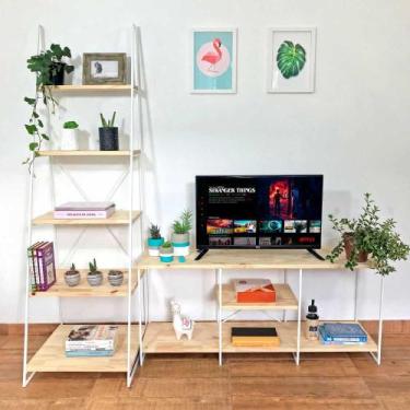 Imagem de Kit Rack de TV Industrial 1,20m e Estante Escada Slim 5 Prateleiras Fe
