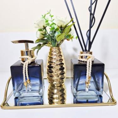 Imagem de Kit Lavabo Jogo Para Banheiro Difusor Porta Sabonete Líquido Bandeja Decorativa Metal-Dispenser Frasco Aromatizador Organizadores e Decoração Banheiro-Preto e Dourado-Luiggi Presentes®