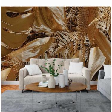 Imagem de Papel de Parede 3D Painel 3M Folhas Floresta Dourada Vinil Folhagem Au