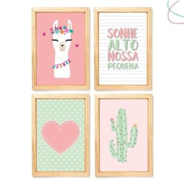 Imagem de Kit com 4 Quadros Decorativos Infantil Lhama Cacto Coração - Creative 