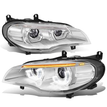 Imagem de DNA MOTORING Par de faróis de projetor U-Halo com sequência de exibição de luz de inicialização compatível com BMW X5 2007-2010 de fábrica Xenon sem AFS, HL-3D-HD-E70X5-CH, cromado