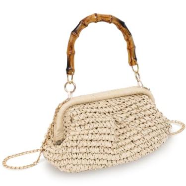 Imagem de Bolsa clutch de palha para mulheres 2024 Bolsas de tecido de palha com alça em forma de bambu bolsa tiracolo para verão e praia, Bege, 10.23 x 1.57 x 7.87 inches