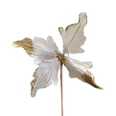 Imagem de Flor Decorativa Poinsetia Marfim Paete Glitter 28cm - 01 Un - Cromus