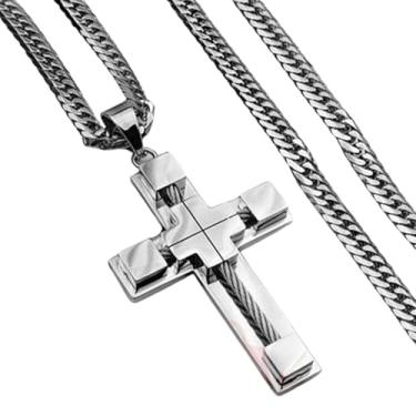 Imagem de Colar Masculino Crucifixo "Holy Cross" em Aço Cirúrgico 316L – Corrente Prata 60cm com Pingente Grande 79x42mm – Fé, Estilo e Proteção Religiosa – Acompanha Bolsa de Veludo