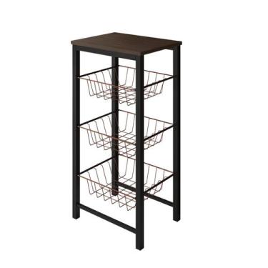 Imagem de Fruteira de Chão Cozinha Montada Aço Preto Tampo Amendoa Cesto Cobre R