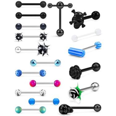 Imagem de Ylqjksk Anéis de língua: aço cirúrgico, joia piercing 14G - flor escura, crânio que brilha no escuro, 5/20.3 cm (16 mm) anel de língua em forma de T com glitter arco-íris, Metal Cristal Aço