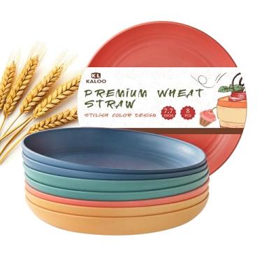 Imagem de 8 peças de pratos de palha de trigo, Kaloo 19 cm melamina reutilizável de plástico inquebrável pratos de jantar para cozinha, lava-louças e micro-ondas (4 cores)