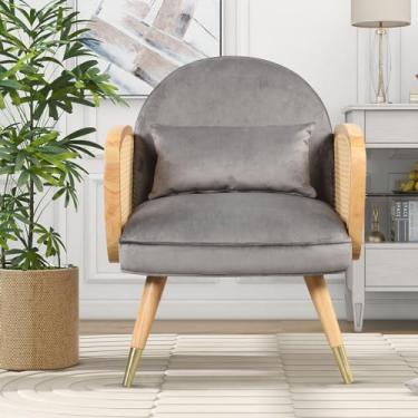 Imagem de Cadeiras de jantar estofadas de espuma assento de descanso de braço de vime acento cadeira de vime com pernas de metal poltrona de meados do século para restaurantes salas de estar cozinha sala de